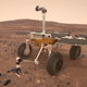 An illustration of the Mars Sample Fetch Rover on the surface of the Red Planet.